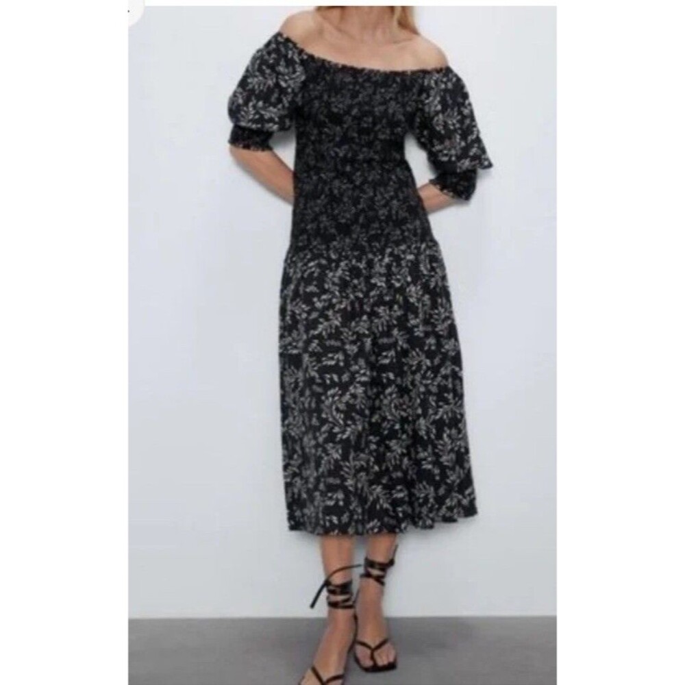 Zara black white floral red off shoulder smocked drop waist Penny dress S